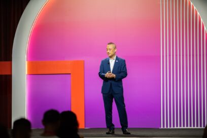 Sokwoo Rhee, Head of LG NOVA and SVP of Innovation for LG Electronics, on a podium during a LG NOVA event