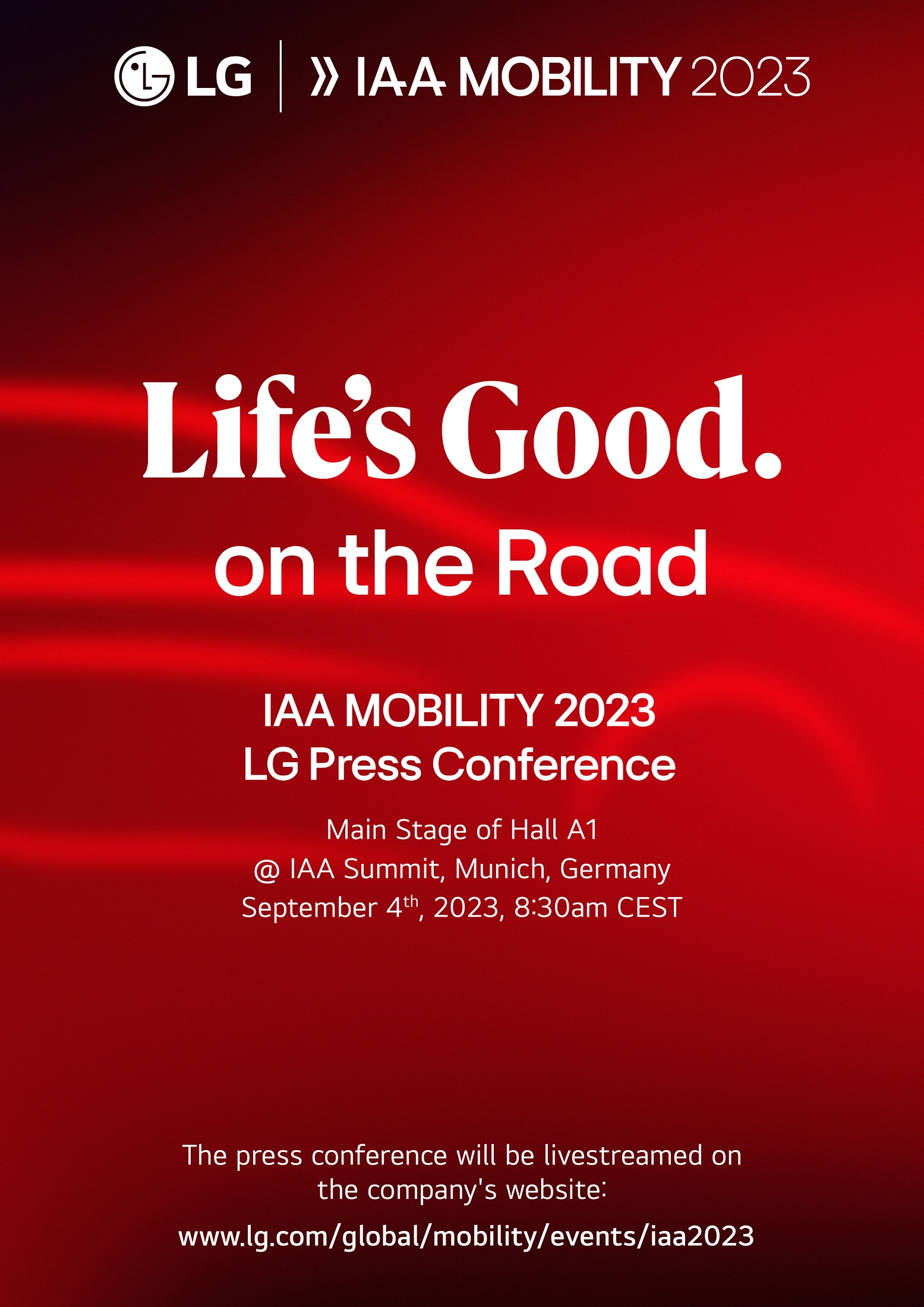 A promotional image of LG Press Conference at IAA Mobility 2023 with a phrase "Life's Good. on the road"