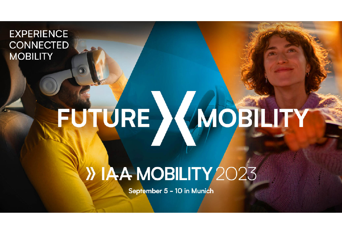 IAA Mobility 2023 theme ‘Experience Connected Mobility’ written on a design image