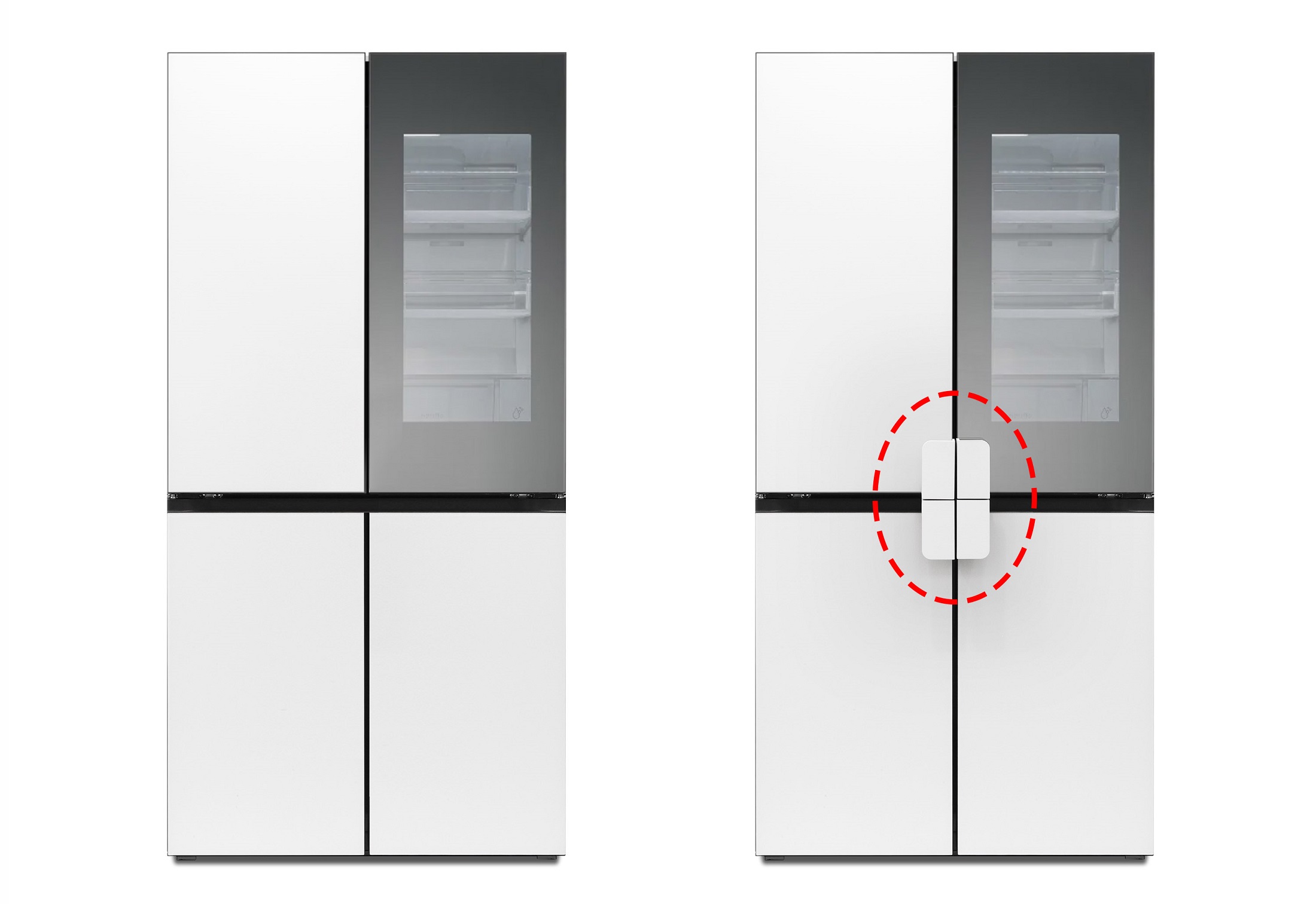 The picture of the Easy Handle Kit applied to the LG InstaView refrigerator doors