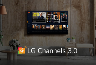 An LG OLED TV in a wood-themed living room displaying the home screen of the new LG Channels 3.0