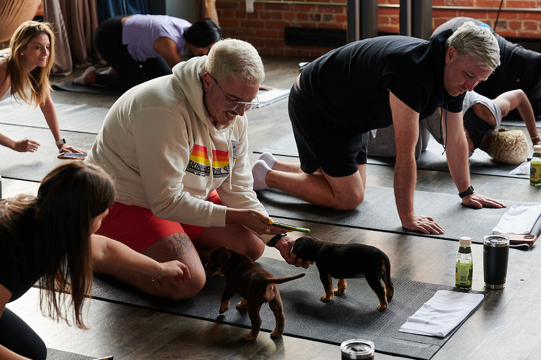 A participant playing with puppies during the yoga session