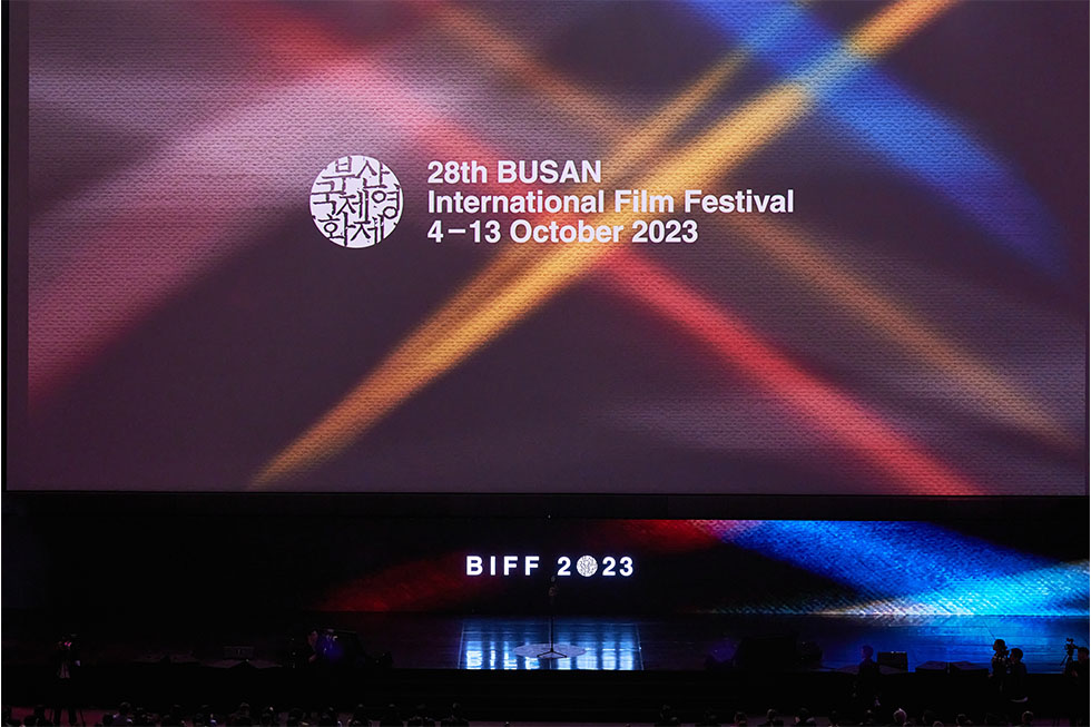 The stage of the 28th Busan International Film Festival, with the screen displaying the festival period from October 4 to 13
