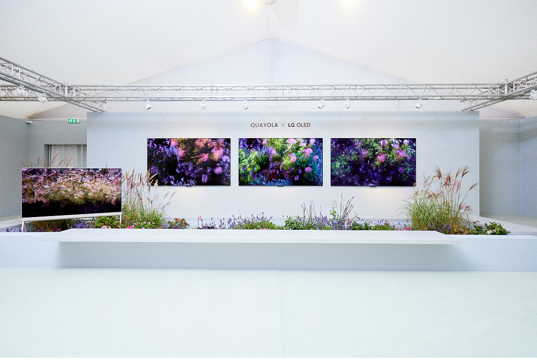 Side-by-side LG OLED TVs present the artwork of Quayola