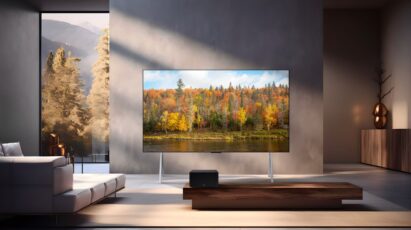 Light streaming through the windows highlights an image of an autumn forest on the LG SIGNATURE OLED M3 model in a modern living room