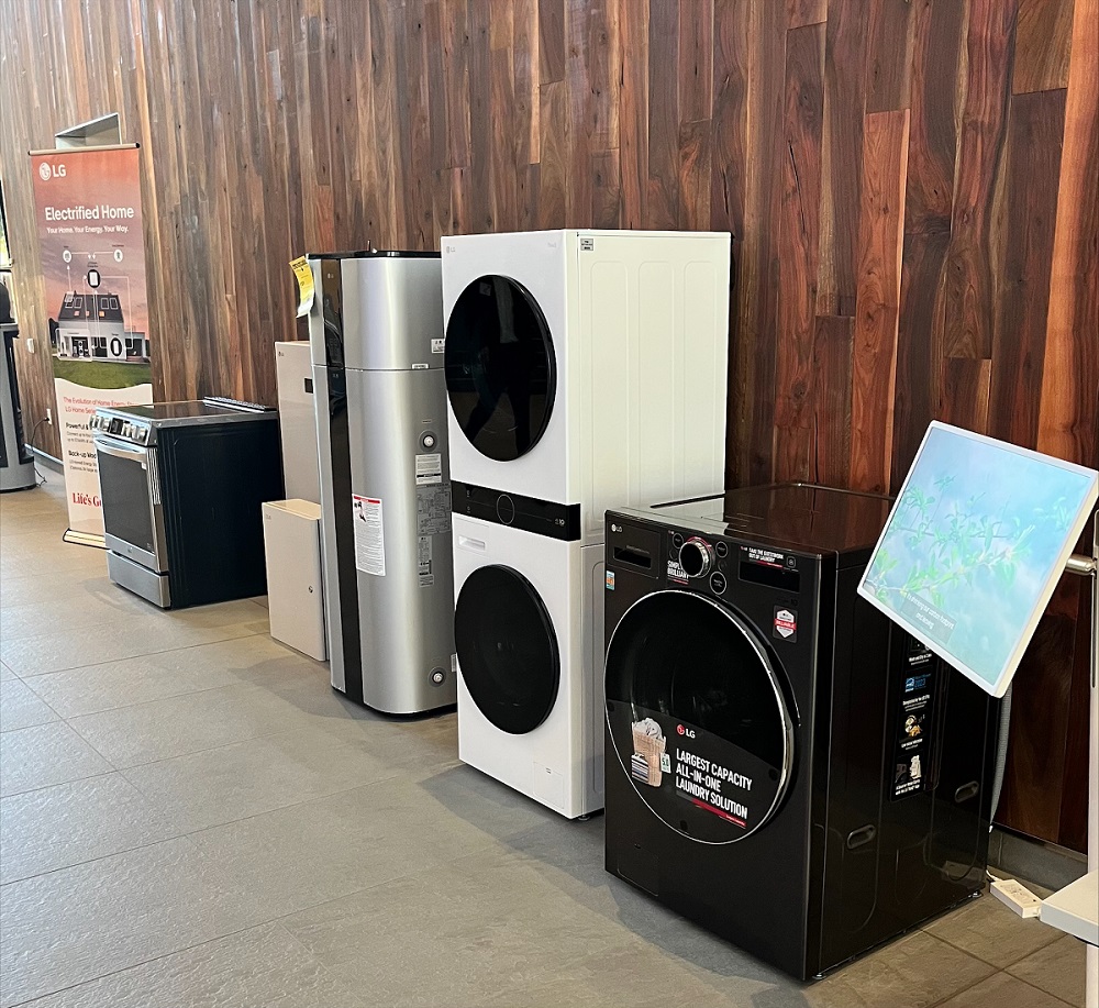 A few LG’s innovations led by its all-electric heat-pump HVAC system, heat pump water heater and heat pump clothes dryer, as well as its residential energy storage system, induction range and the unique WashTower™ smart laundry system on display