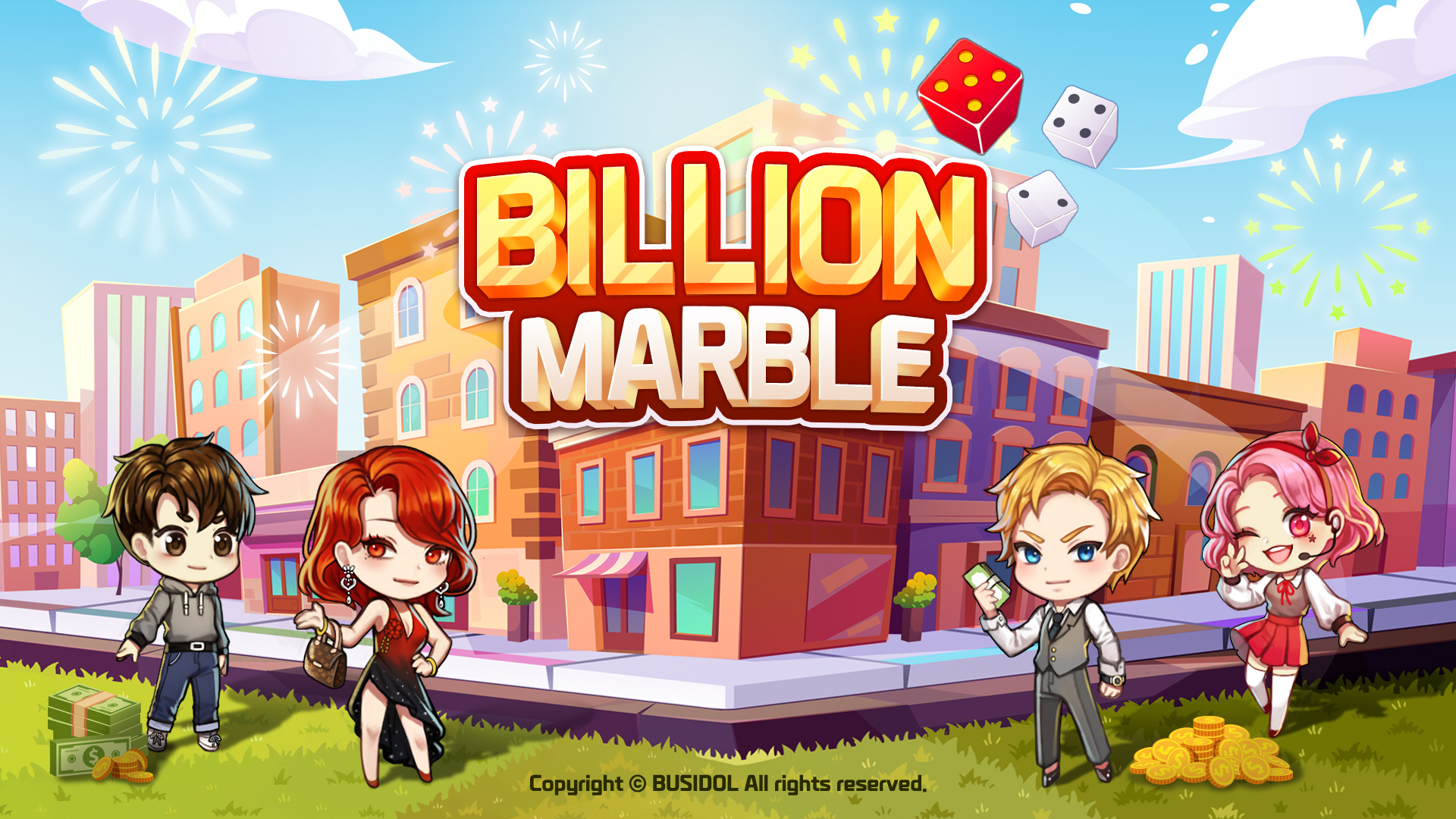 The main screen of the game Billion Marble, featuring four animated characters standing in front of colorful buildings.