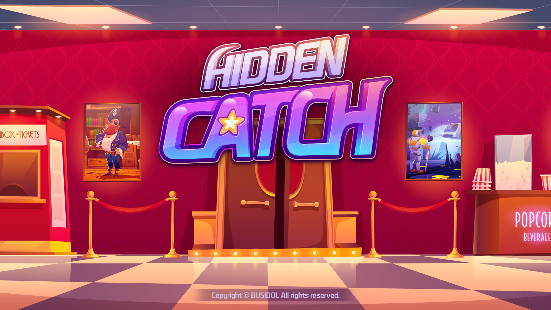 The main screen of the game Hidden Catch with a cover displaying the interior of a bright movie theater with red walls.