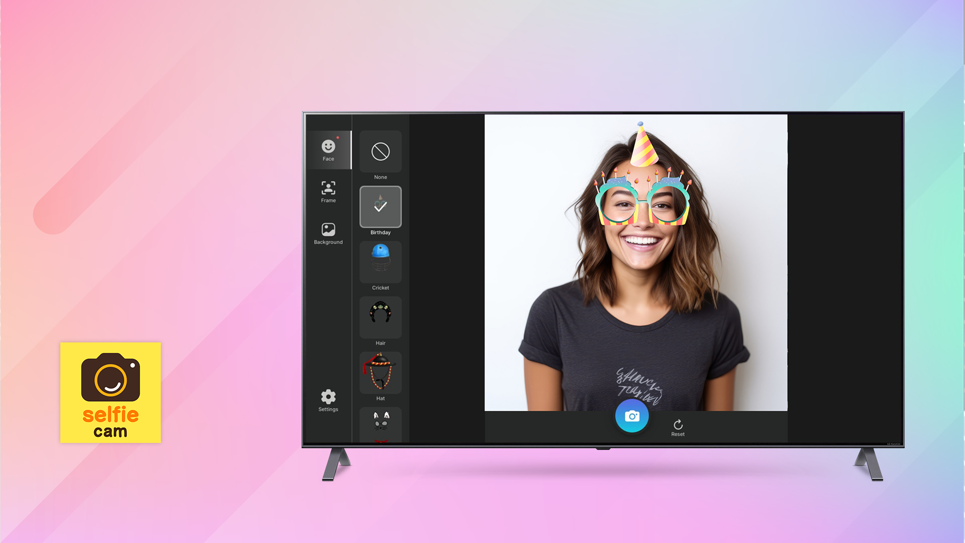 An LG Smart TV display shows the Selfie Cam feature for photo editing