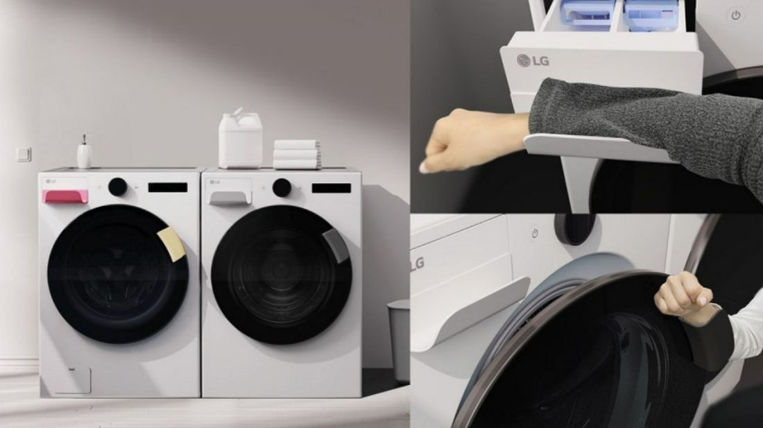 The Easy Handle Kit is applied to the LG washer’s door and detergent drawer, and a hand is using the Easy Handles on the washer