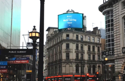World Food Day advertisement being displayed on LG's billboard located at Piccadilly Circus, London