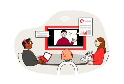 An illustration of three people sitting and listening to an online lecture