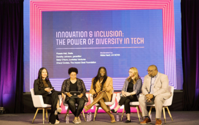 A photo of Alicia Hanf from LG NOVA, Cheryl Contee from The Impact Seat, Dorothy Johnson from gener8tor, Flossie Hall, Stella and Sayki O'Duro from Lockstep Ventures sitting next to each other in discussion