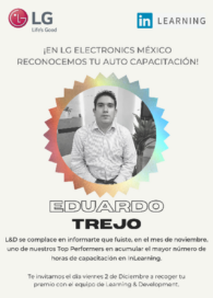 An illustration with the image of the most active employee, Eduardo Trejo, in Mexico with Spanish text around it