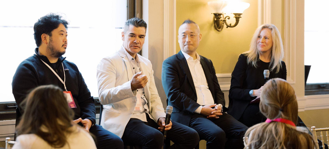A photo of LG Executives, representing home appliance and air solutions, home entertainment and LG NOVA, sitting next to each other presenting and discussing