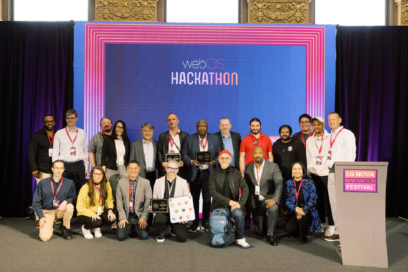 A photo of the 15 teams that participated in the webOS Hackathon posing for the camera together