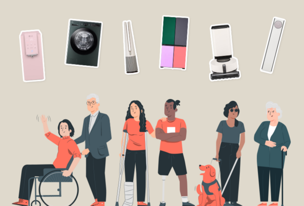 Illustration that features people with different disabilities and LG products