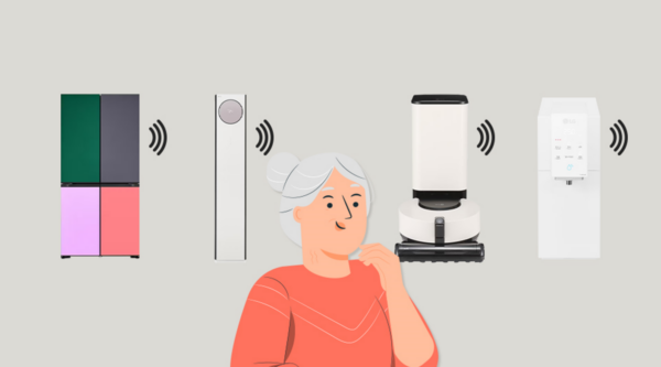 Illustration of four different LG products with a person in the middle