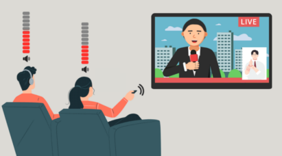 Illustration of a person turning up the volume of TV with a remote control