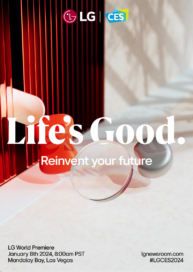 A vertical illustration with the LG logo, the words 'Life's Good', and information about upcoming CES 2024