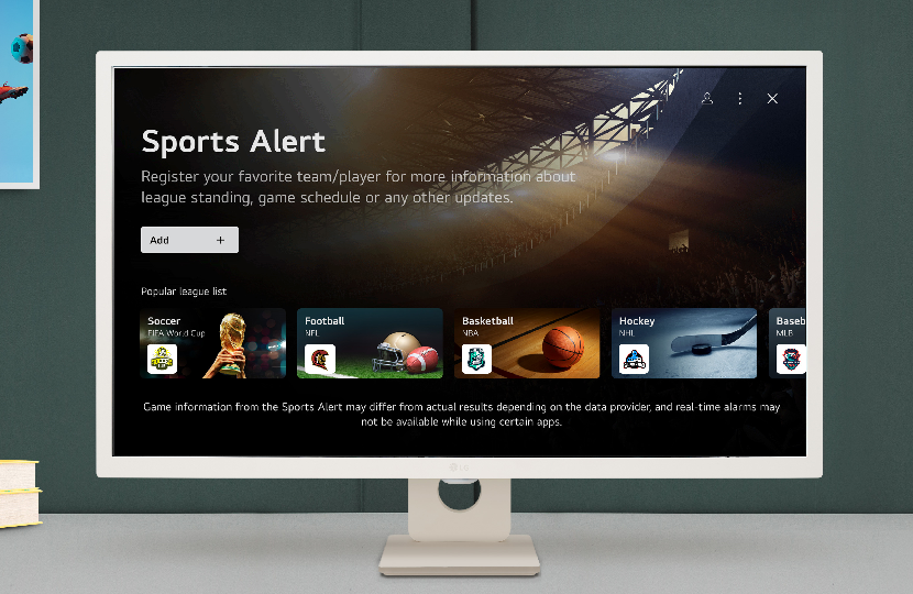 LG SMART Monitor displaying favorite sports teams through personalized sports alert feature