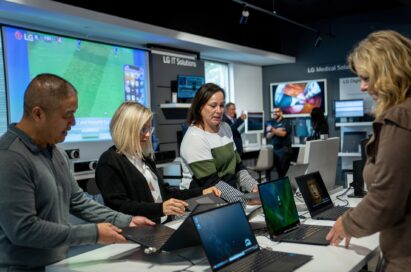 A photo of people trying out the different products at the site