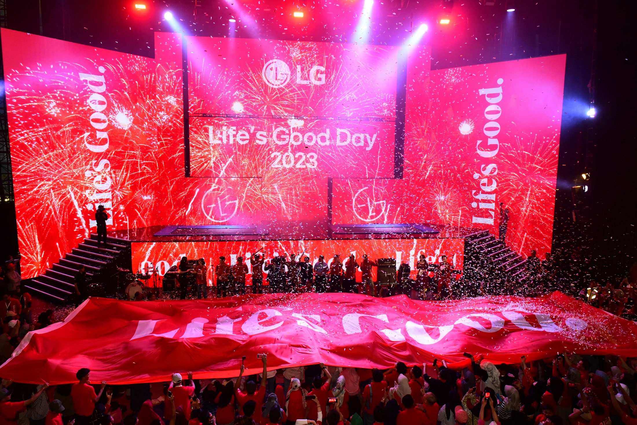 A photo of a celebration happening on stage the LG Life's Good Day 2023 event