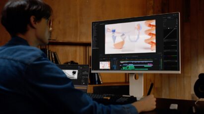 A scene of a user editing a video using the LG MyView Smart Monitor