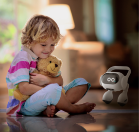 A photo of the LG Smart Home AI Agent standing beside a girl holding a teddy bear