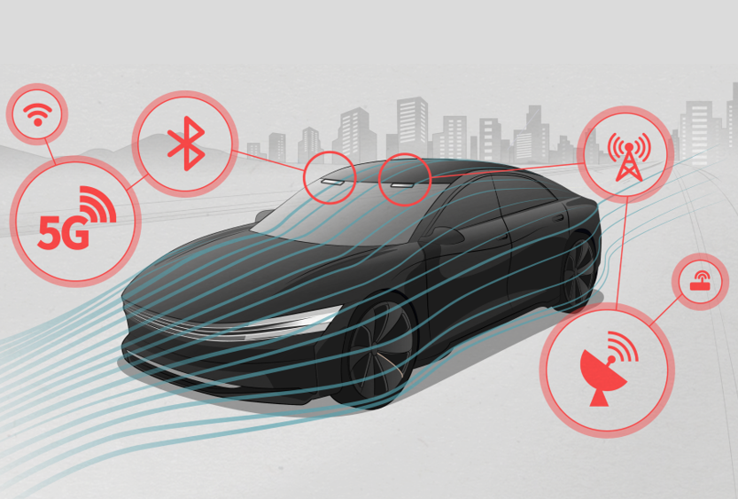 An illustration of a car with transparent antennas and six icons