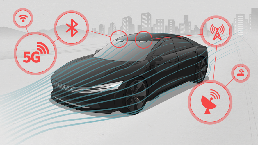 An illustration of a car with transparent antennas and six different icons