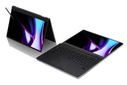 Two LG gram Pro 2-in-1 laptops: use standing or lying down