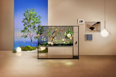 A painting of a tree is visible behind the transparent screen of the LG OLED T which displays a bird perched on a branch with the AOD feature