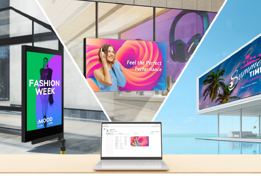 Image of LG Business Cloud connected with LG digital signages in 3 different places