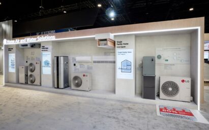 A photo of the LG Home Electrification Solutions Zone showcasing Energy Solutions, Air-to-Water Heat Pump, and Air-to-Air Heat Pump at AHR Expo 2024