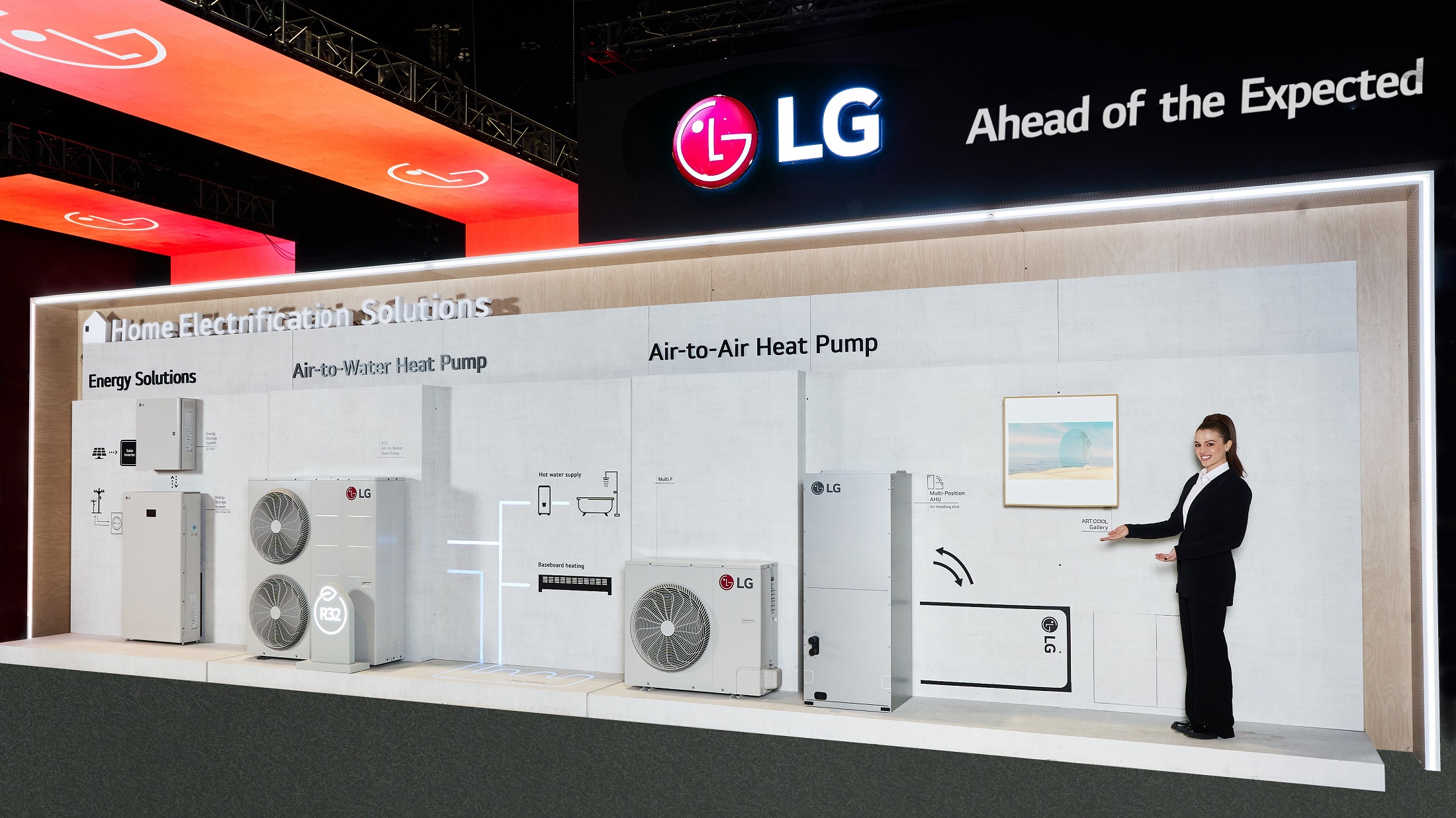 A photo of the LG Home Electrification Solutions Zone showcasing Energy Solutions, Air-to-Water Heat Pump, and Air-To-Air Heat Pump and a woman standing inside at AHR Expo 2024