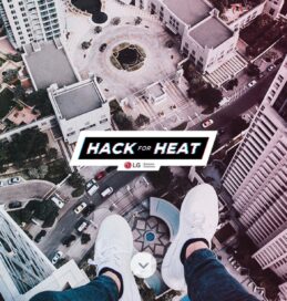 A poster of LG Hack for Heat with a person looking down on a city