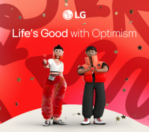 An illustration with two characters standing with the LG logo