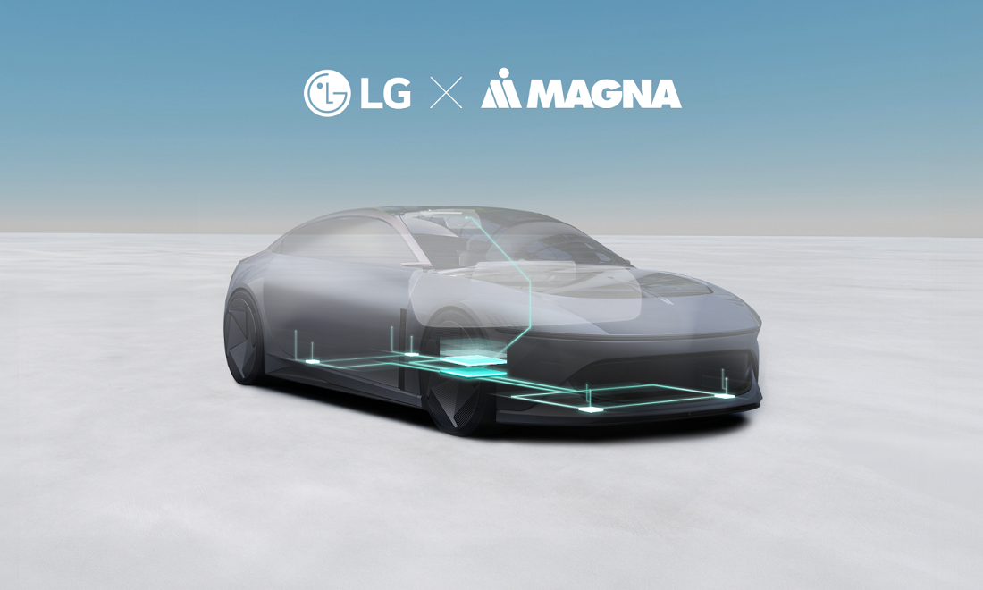 Design image featuring the logos of LG and Magna alongside a vehicle on a sky background
