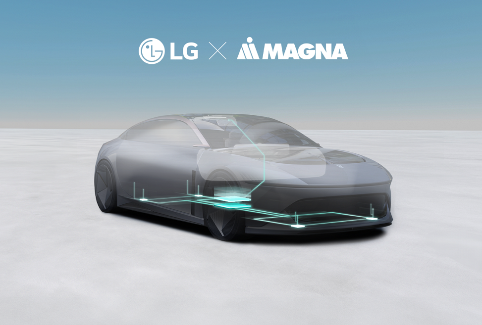 A design illustration featuring the logos of LG and Magna alongside a vehicle on a sky background