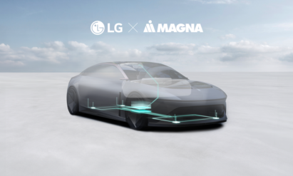 Design image featuring the logos of LG and Magna alongside a vehicle, set against a sky with drifting clouds