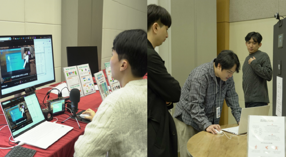 A collage of two photos of people working together