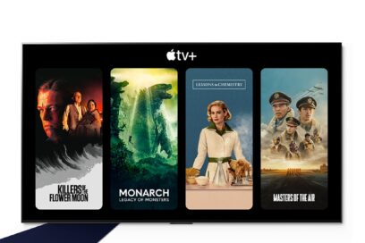 A screen displays premium content available through Apple TV+ with the movie posters for ‘Killers of the Flower Moon,’ ‘Monarch: Legacy of Monsters,’ ‘Lessons in Chemistry’ and ‘Masters of the Air.’