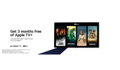 An illustration of the promotional image advertising three free months of Apple TV+ available on LG Smart TVs, with a description indicating the promotional period, the applicable models, and the content available through Apple TV+