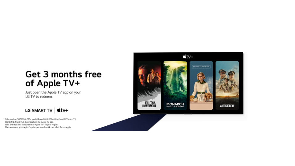 An illustration of the promotional image advertising three free months of Apple TV+ available on LG Smart TVs, with a description indicating the promotional period, the applicable models, and the content available through Apple TV+