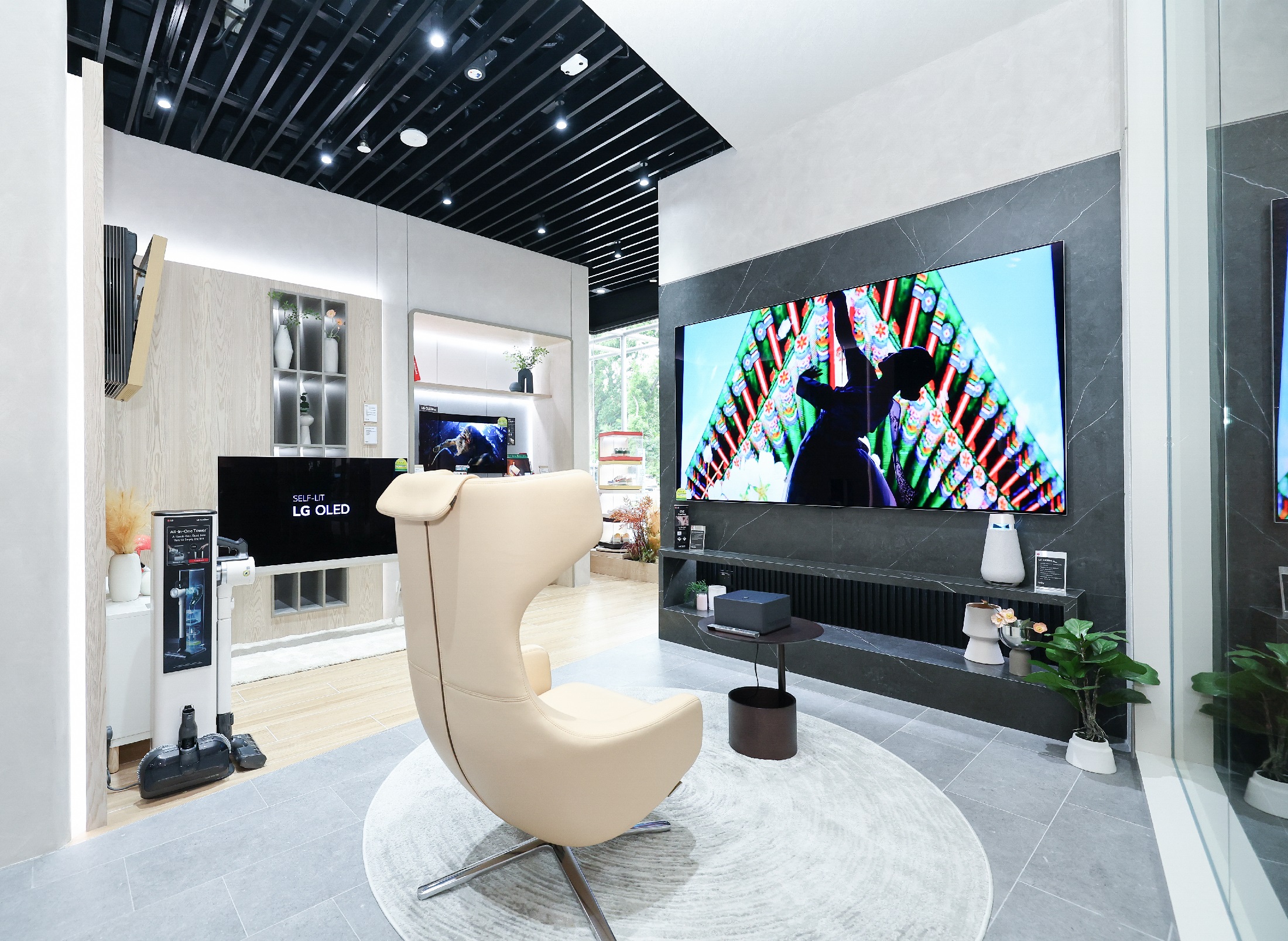 A photo of the zone with an LG OLED and a living-room like setting
