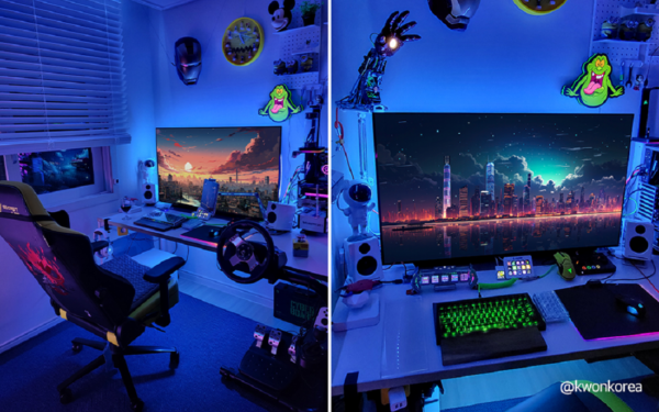 Two pictures of the LG OLED TV in a desk setting in a dark room