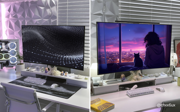 Two pictures of the LG OLED TV on top of a desk area