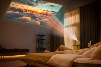 Use scenario of a woman projecting screen on the ceiling while lying down