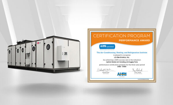 A photo of LG Air Handling Unit (AHU) and its certification from Air-Conditioning, Heating & Refrigeration Institute (AHRI) Performance Award